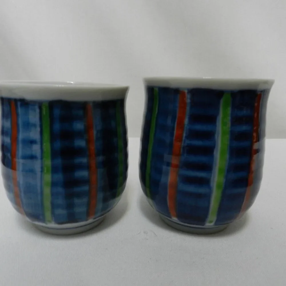 Japanese Kyusu Teapot w/ 2 Cups ceramic Japan striped blue green red white NEW